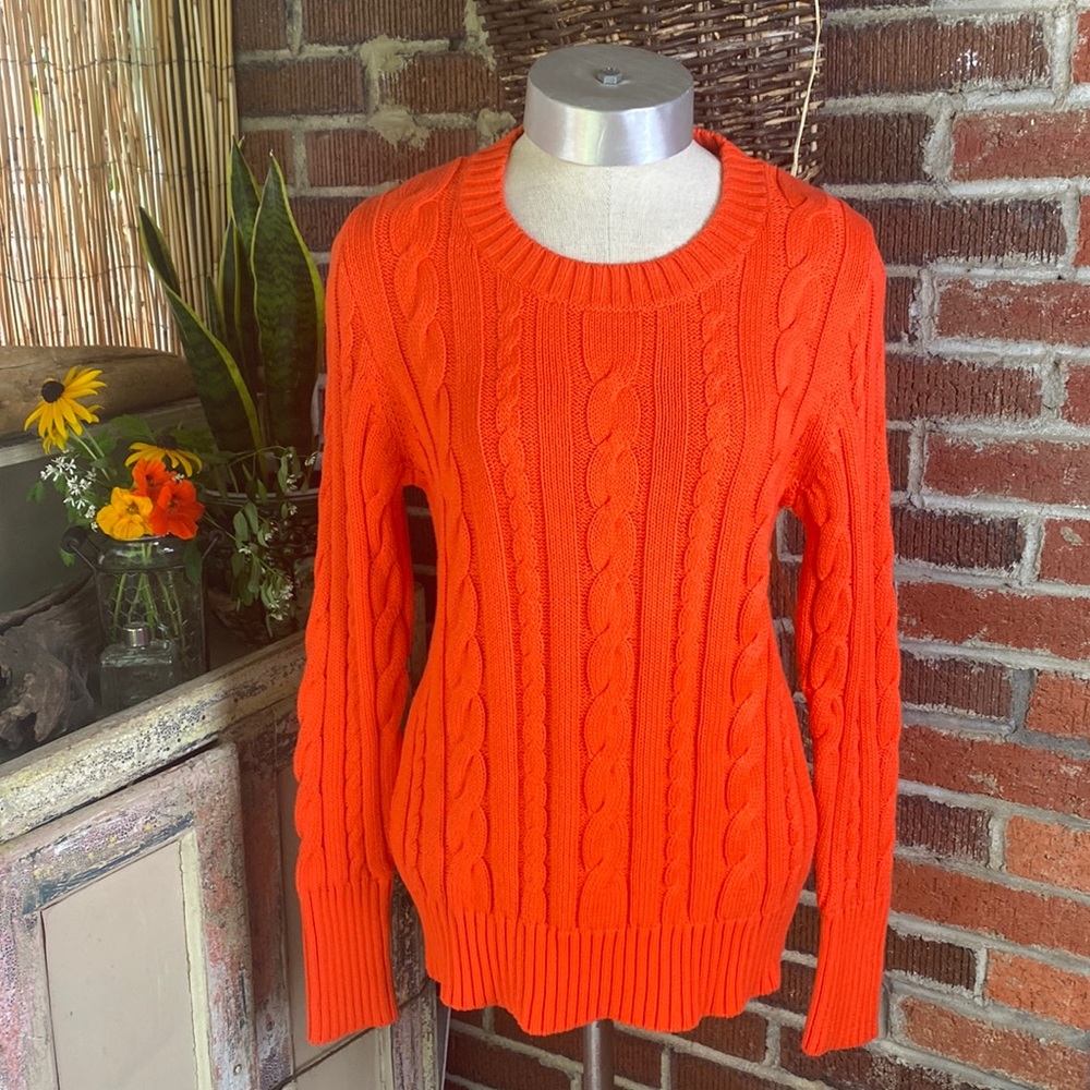 J Crew Factory orange cotton preppy crew neck, long sleeve cable knit sweater. S